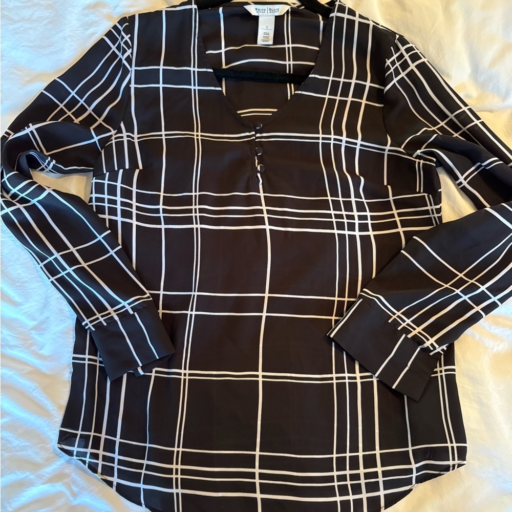 White House Black Market Black and White Grid Blouse